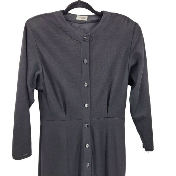 Vintage 80s Tahari Dress Wool Knit Modest Long Sleeve Maxi Button Aline Black 8 - Picture 7 of 14